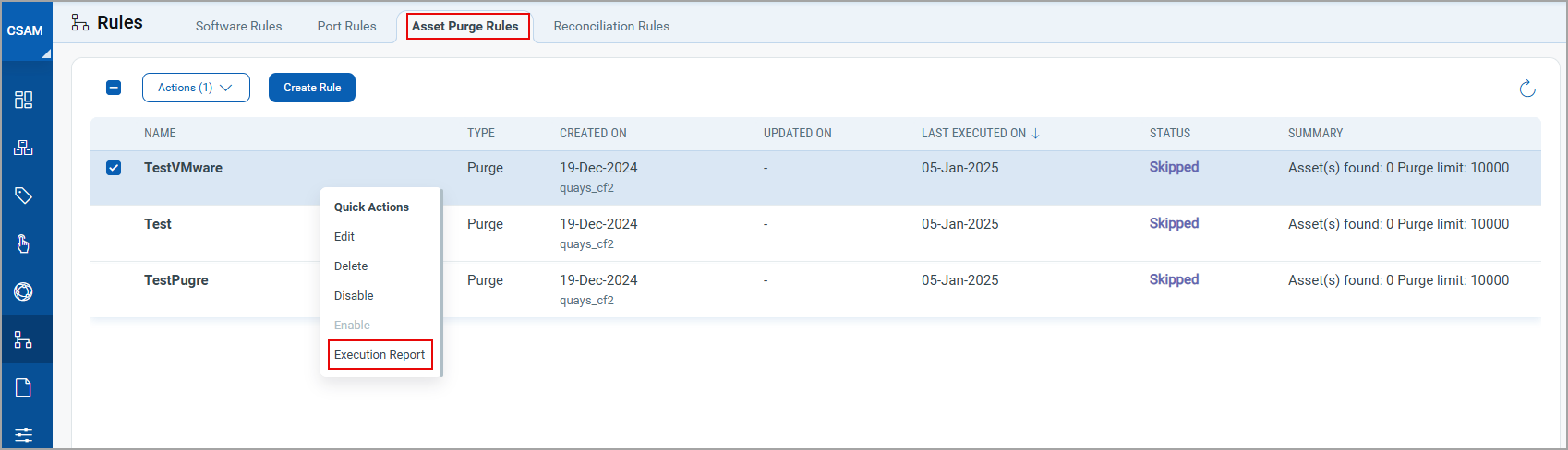Execution Report option.
